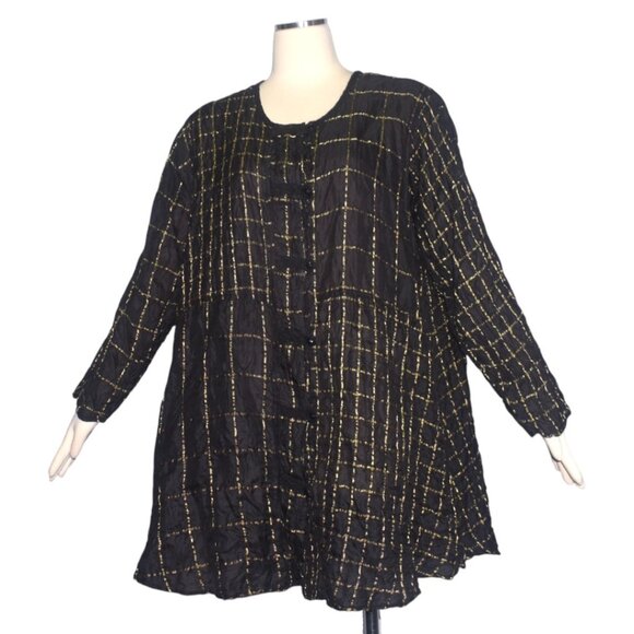 URU Black and Gold Silk Tunic Top Dress Button Front Lightweight Long Sleeves XL - Picture 5 of 11